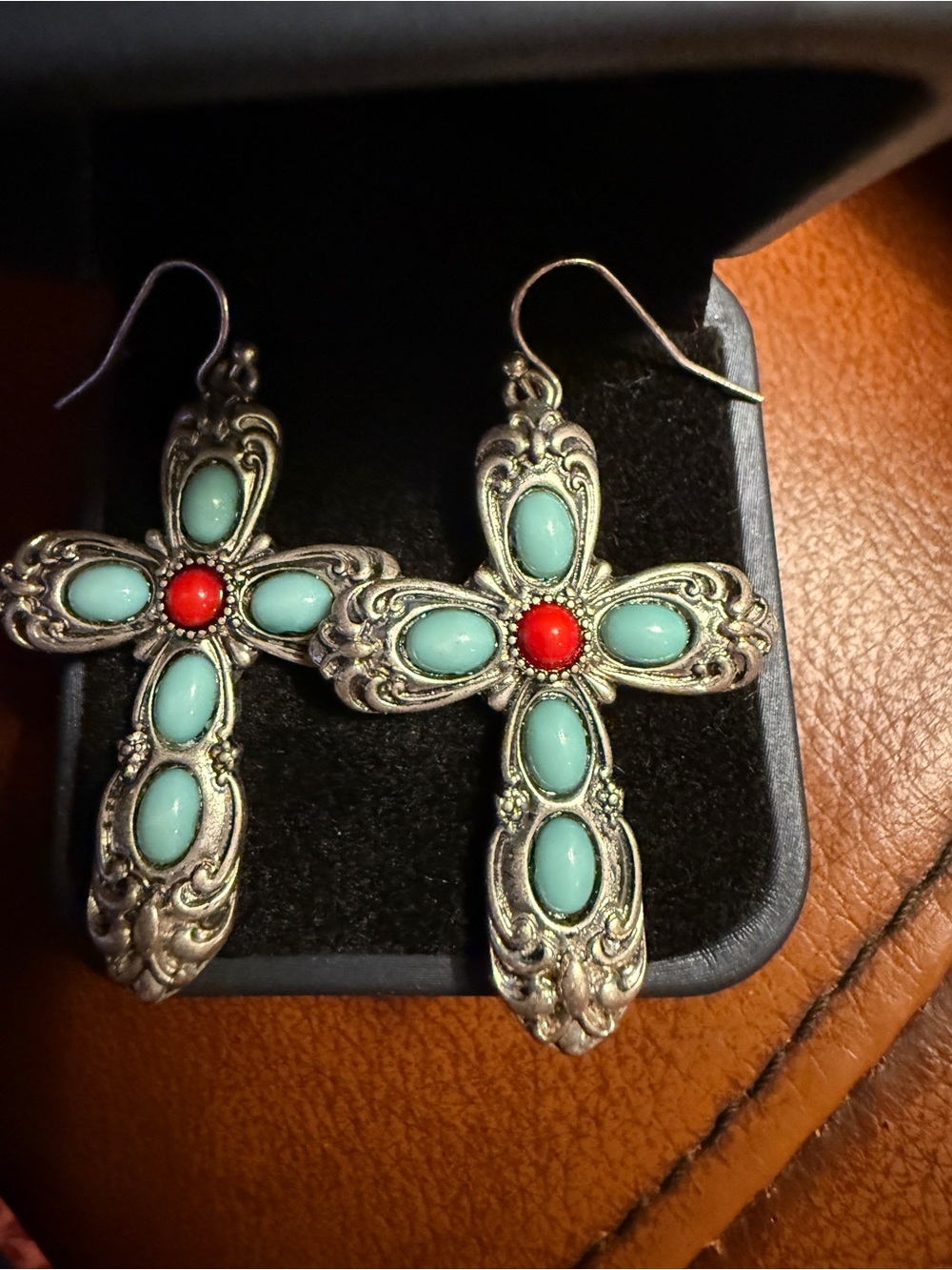 Turquoise and Coral colored Cross Dangle Earrings